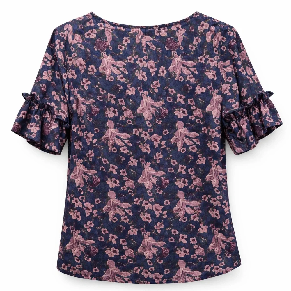 West Kei Floral Print‎ Blouse XS Ruffle Sleeves V-Neck Patterned Top - Picture 2 of 6